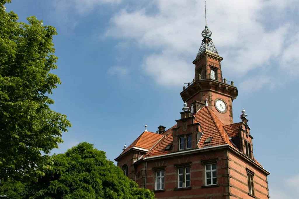 Beautiful brick clock tower with ornate architecture set against a clear blue sky.